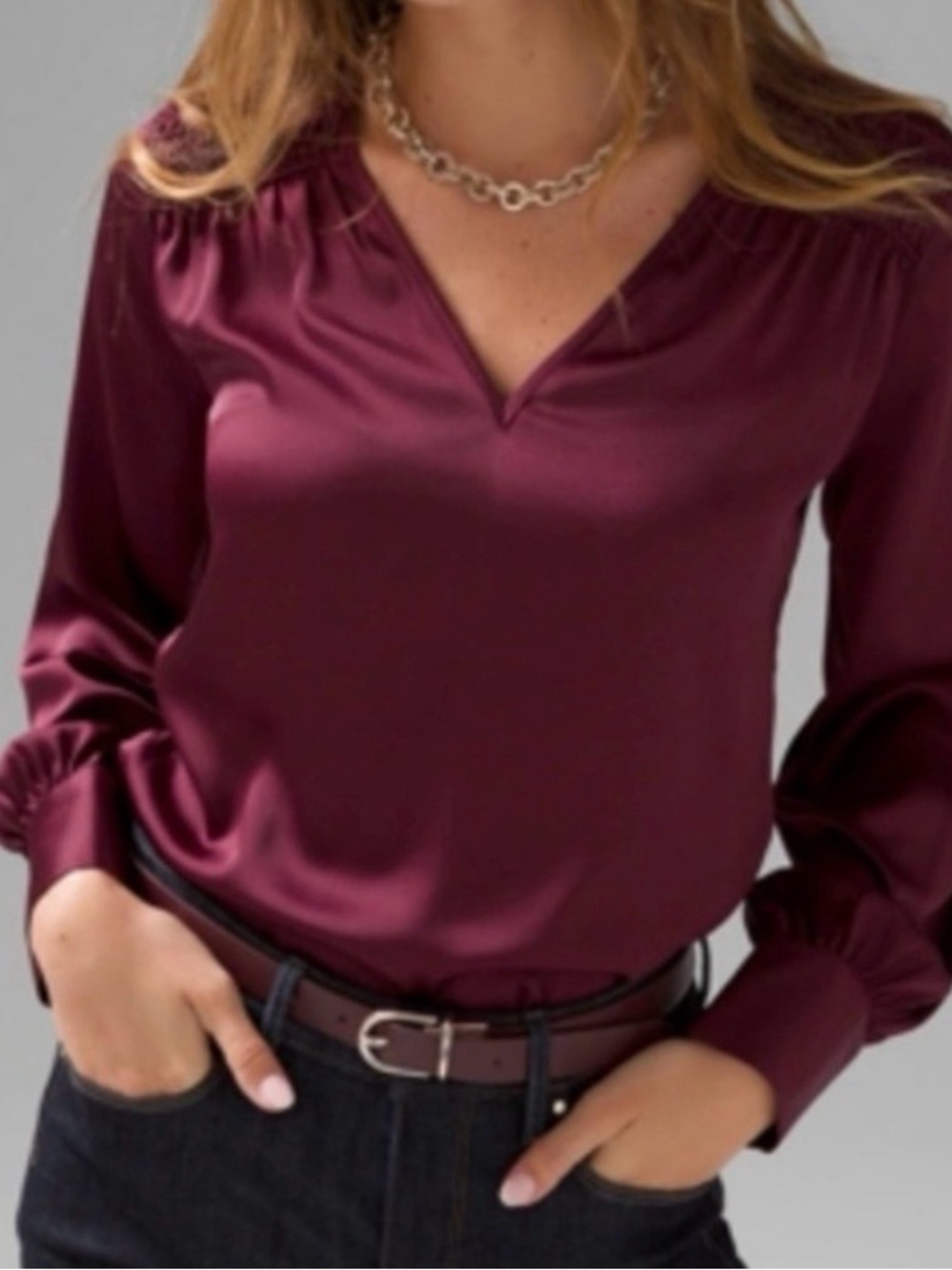 White House Black Market Burgundy V-Neck Long Sleeve Blouse